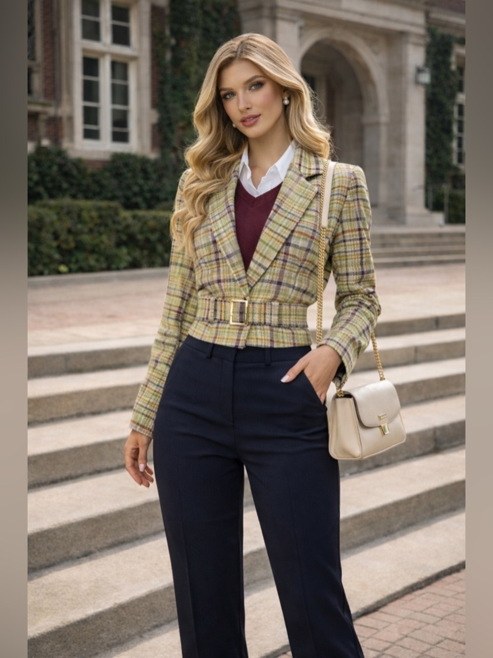 Bill Blass Preppy Linen Plaid Belted Short Blazer Jacket with Pockets & Belt, 4